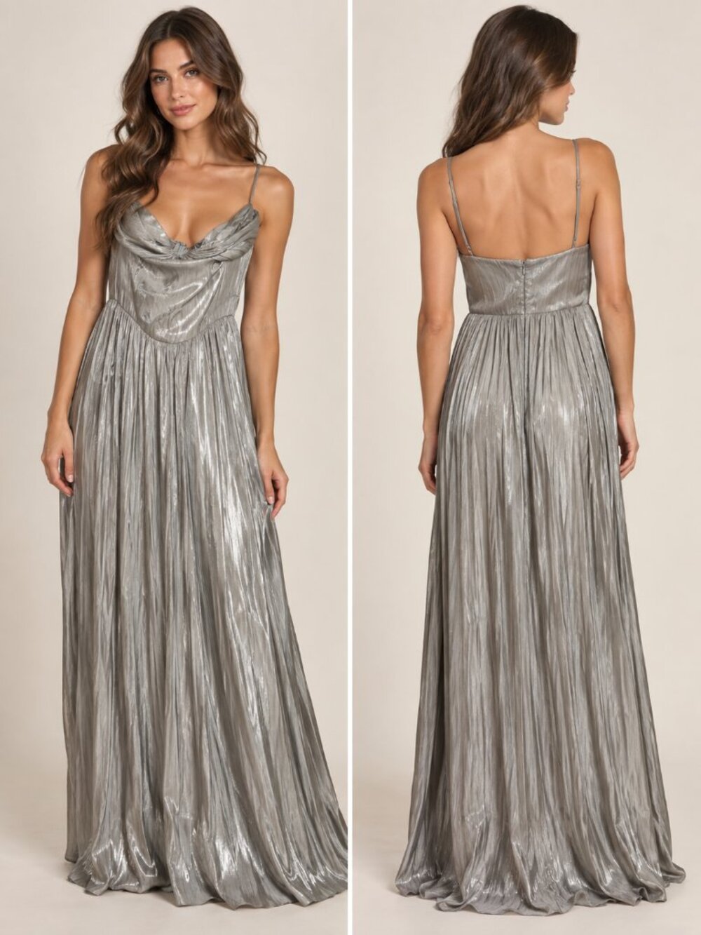 Lulus Metallic Silver Pleated Maxi Dress Strapless Cowl Neck Women's Size L